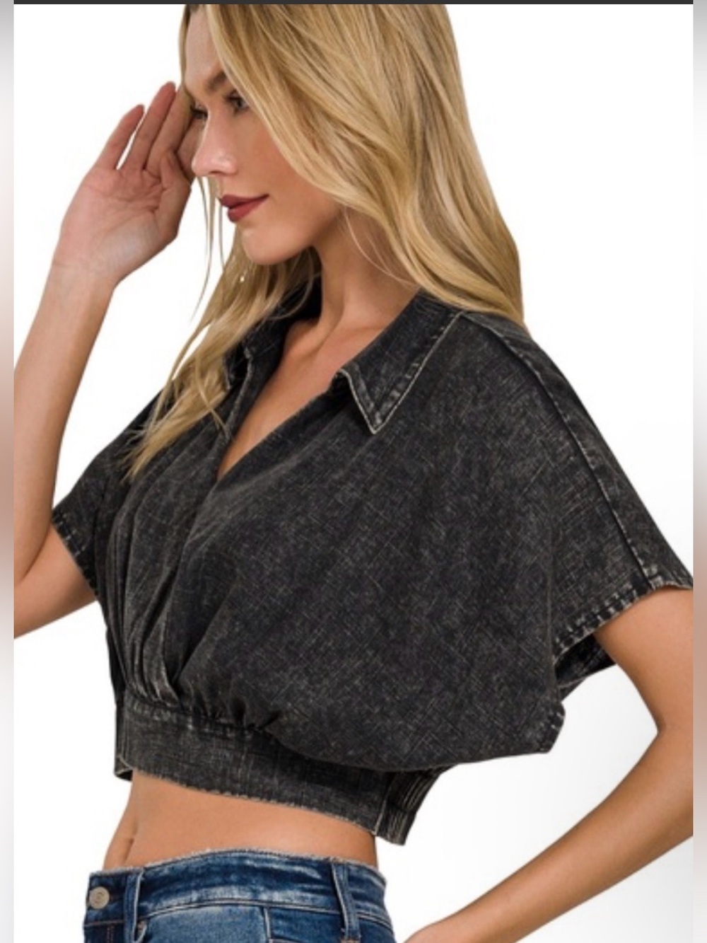 Washed Deep Brick Red Cropped Collared Top - Women's Fashion color Variation!!